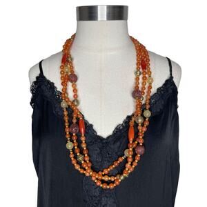 Vintage Avon Multi Strand Beaded Necklace Gold Tone with Orange and Cream